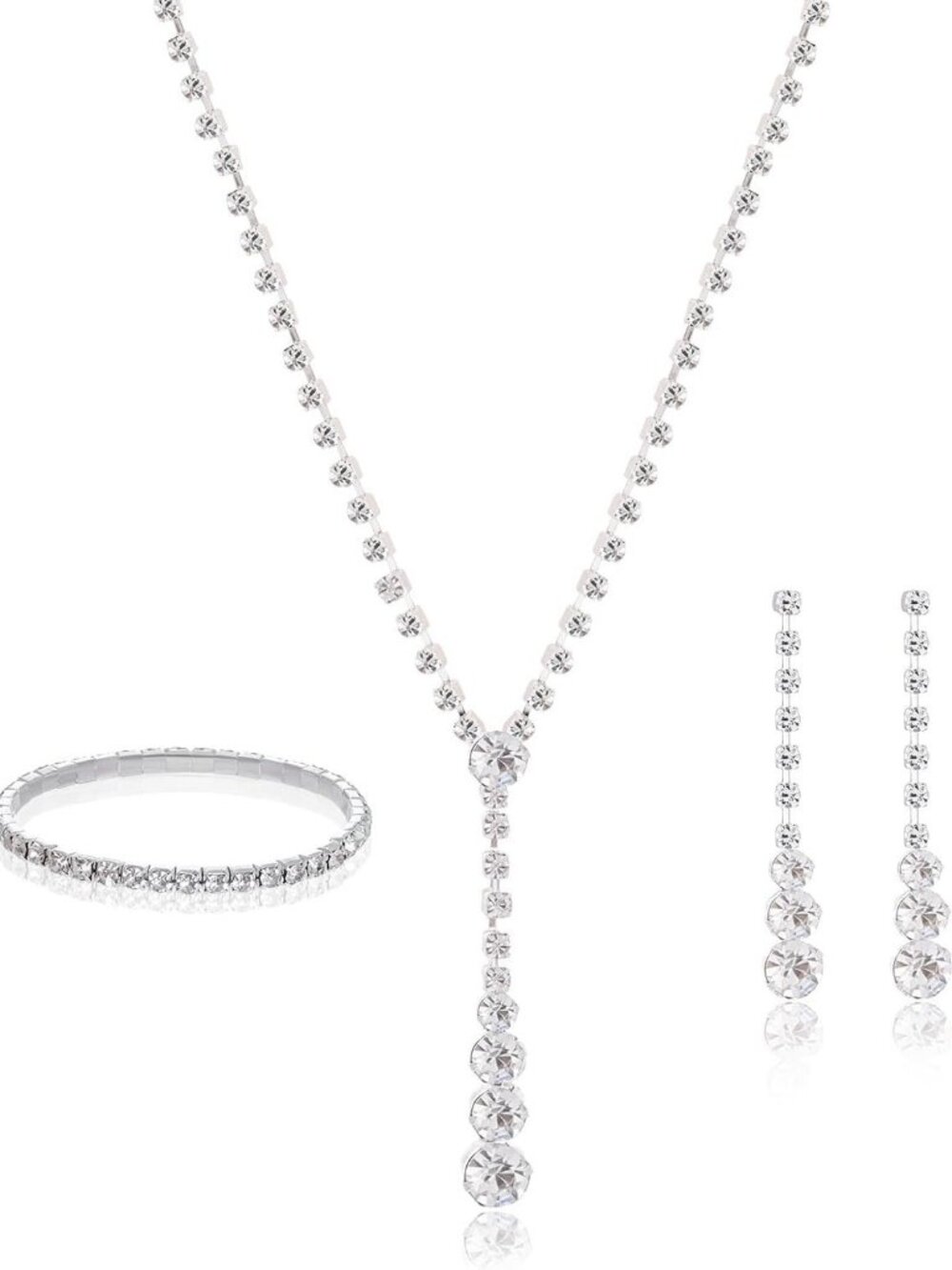 Women Jewelry Set Silver Necklace Earrings Bracelet Rhinestone Crystal Bridal